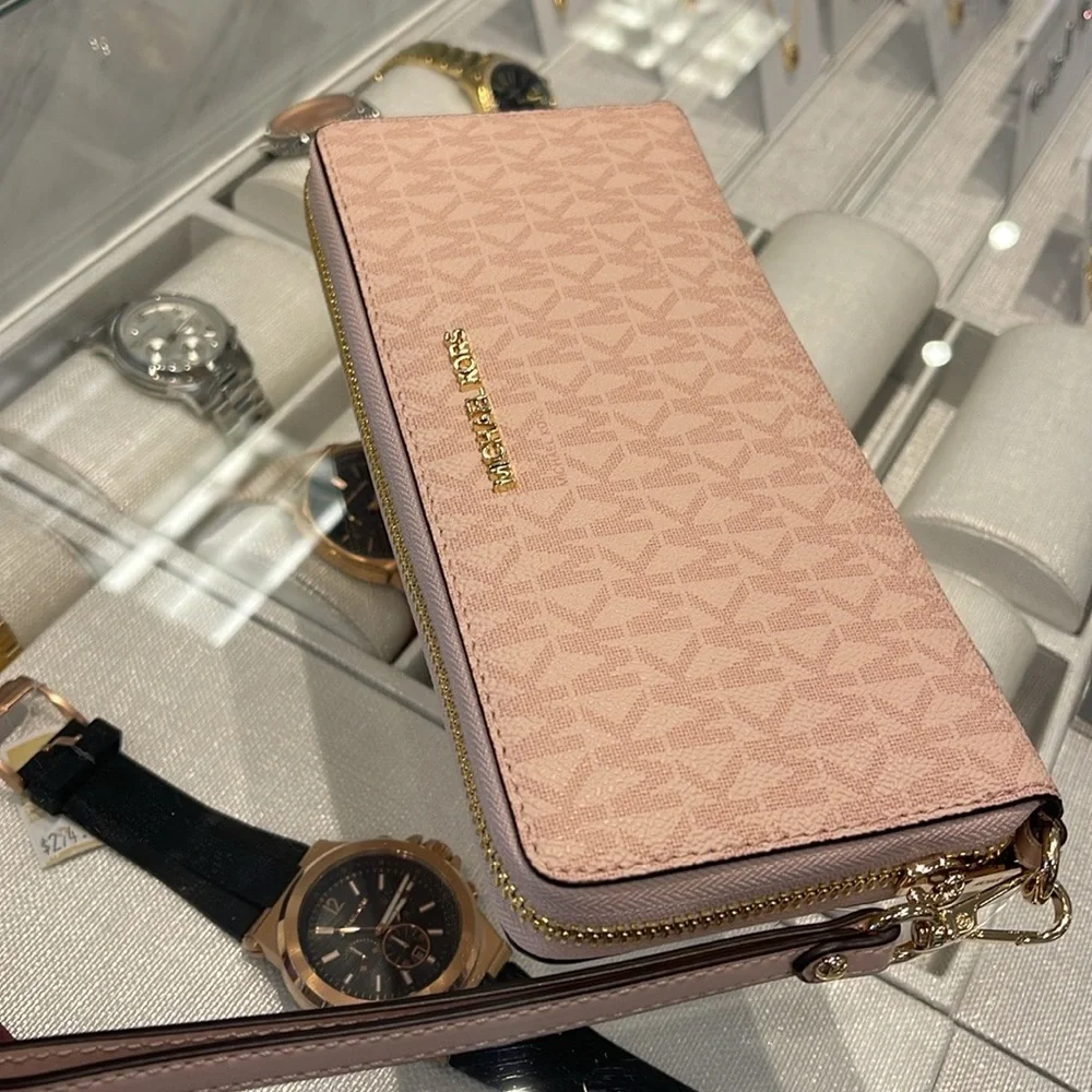 MICHAEL KORS Jet Set Travel Lg Signature Logo Continental Wristlet POWDER BLUSH